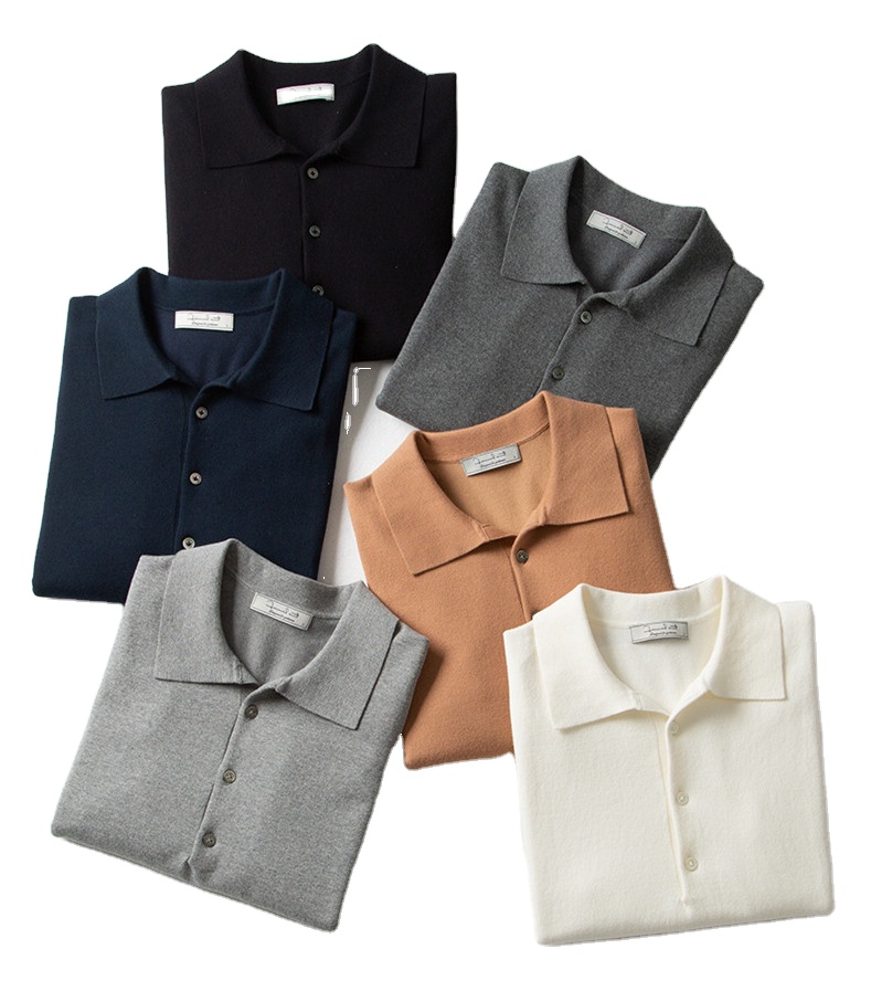100% Cotton Thin Short Sleeve Button Lapel Polo Shirt Knitted Business Casual Slim Fit Men's T-shirt 