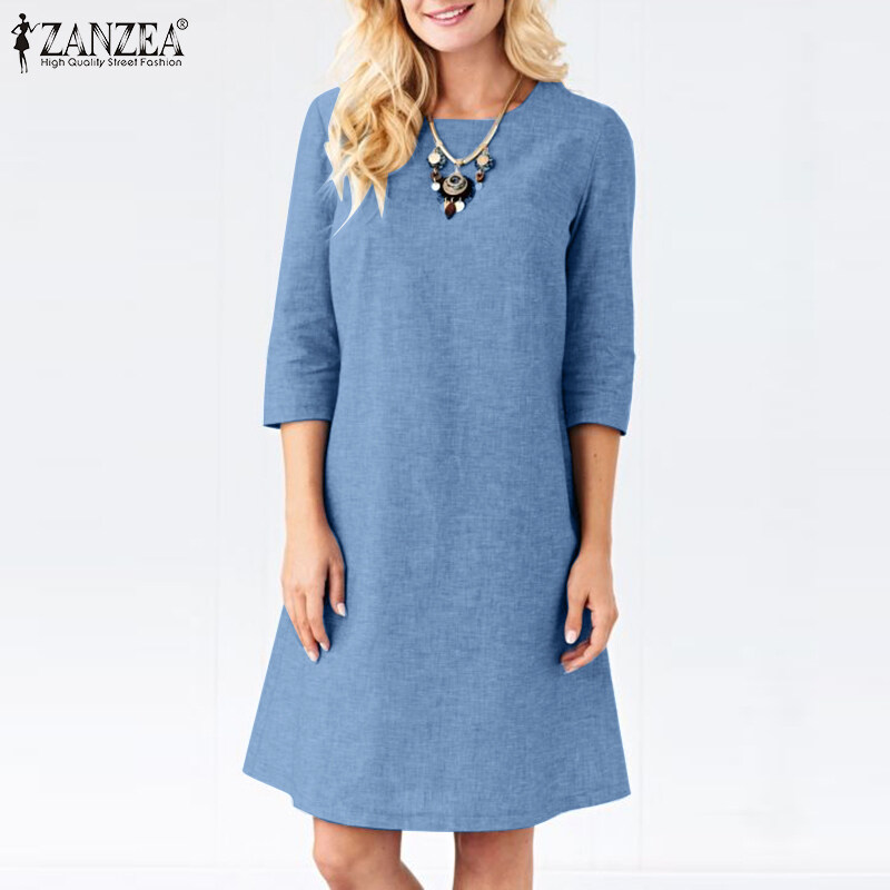 ZANZEA Women Vintage Simple 3/4 Sleeve Midi Dresses Loose Solid Round Neck Sundress #15