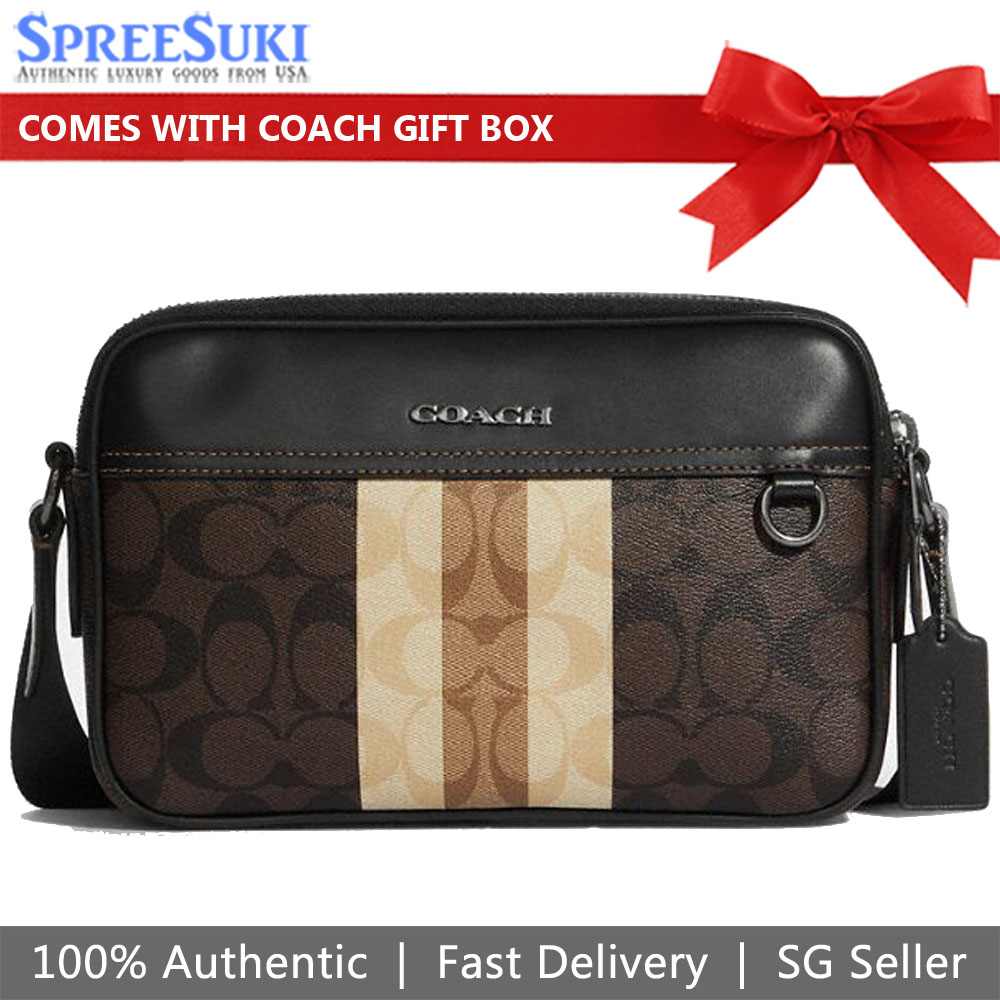 Coach Men Men Crossbody Bag In Gift Box Crossbody Bag Graham Crossbody Signature Block Varsity Mahogany Brown # C9965