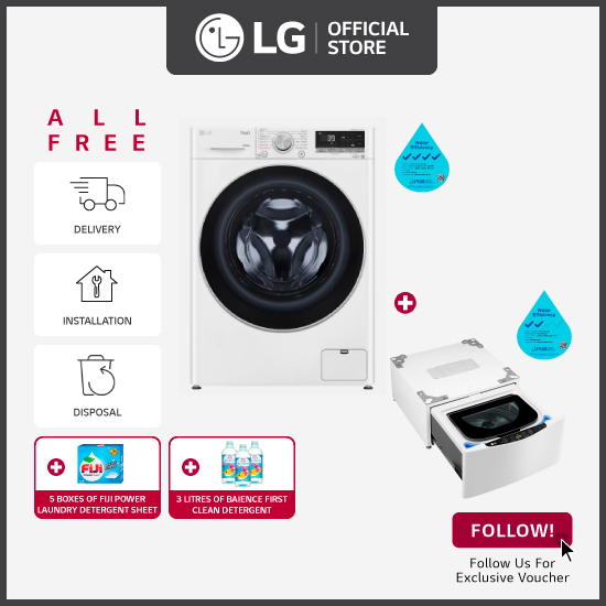 [Bulky] LG FV1410H3W 10/6KG, Front Load Washer Dryer, White + LG Mini Washer TV2425NTWW 2.5kg Blue White + Free Delivery + Free Installation + Free Disposal